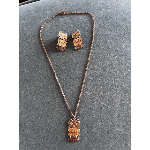 Vintage Park Lane Owl Jewelry Set Necklace & Clip-On Earrings Articulated Amber - Picture 1 of 6